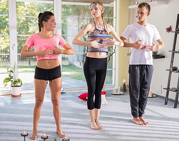 Private HD porn video: Eveline Dellai and Belle Claire skip yoga to get it on with the instructor.
